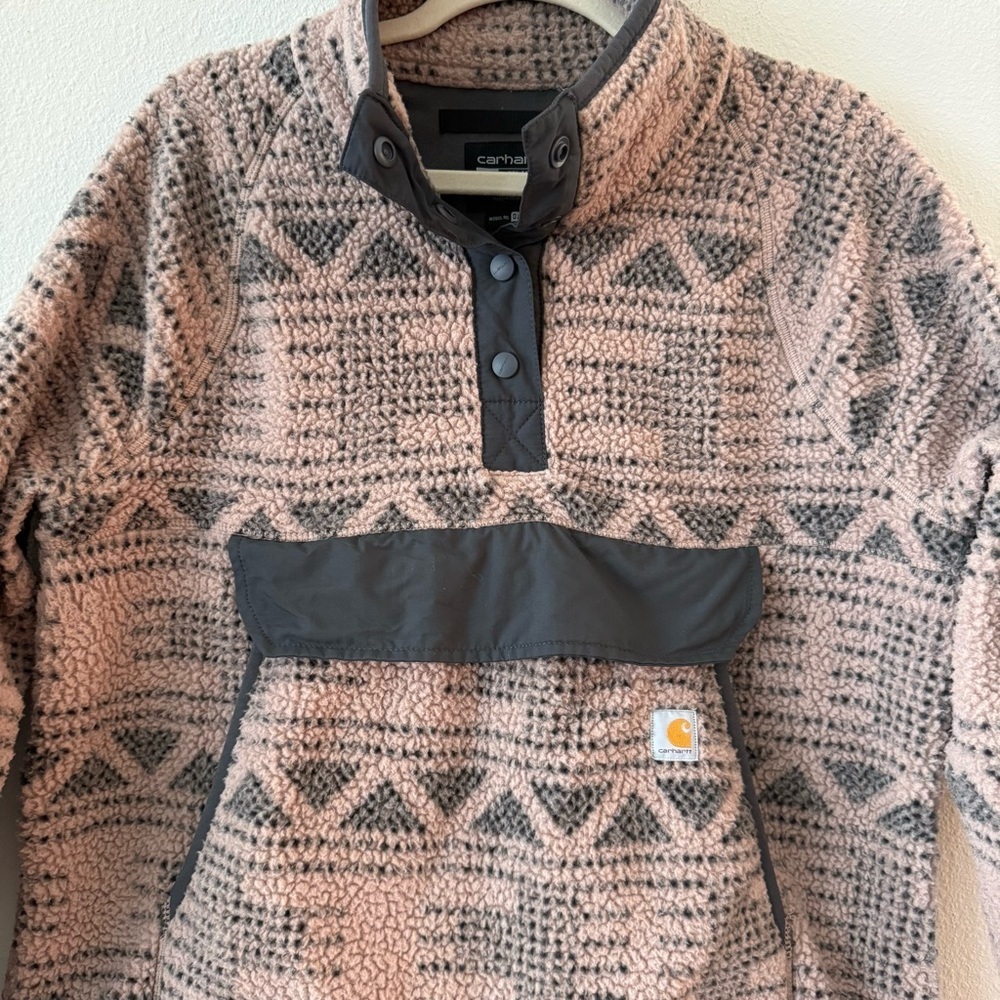 Carhartt Women's Relaxed Fit Fleece Pullover Warm Taupe Geometric Print Large - Picture 3 of 9